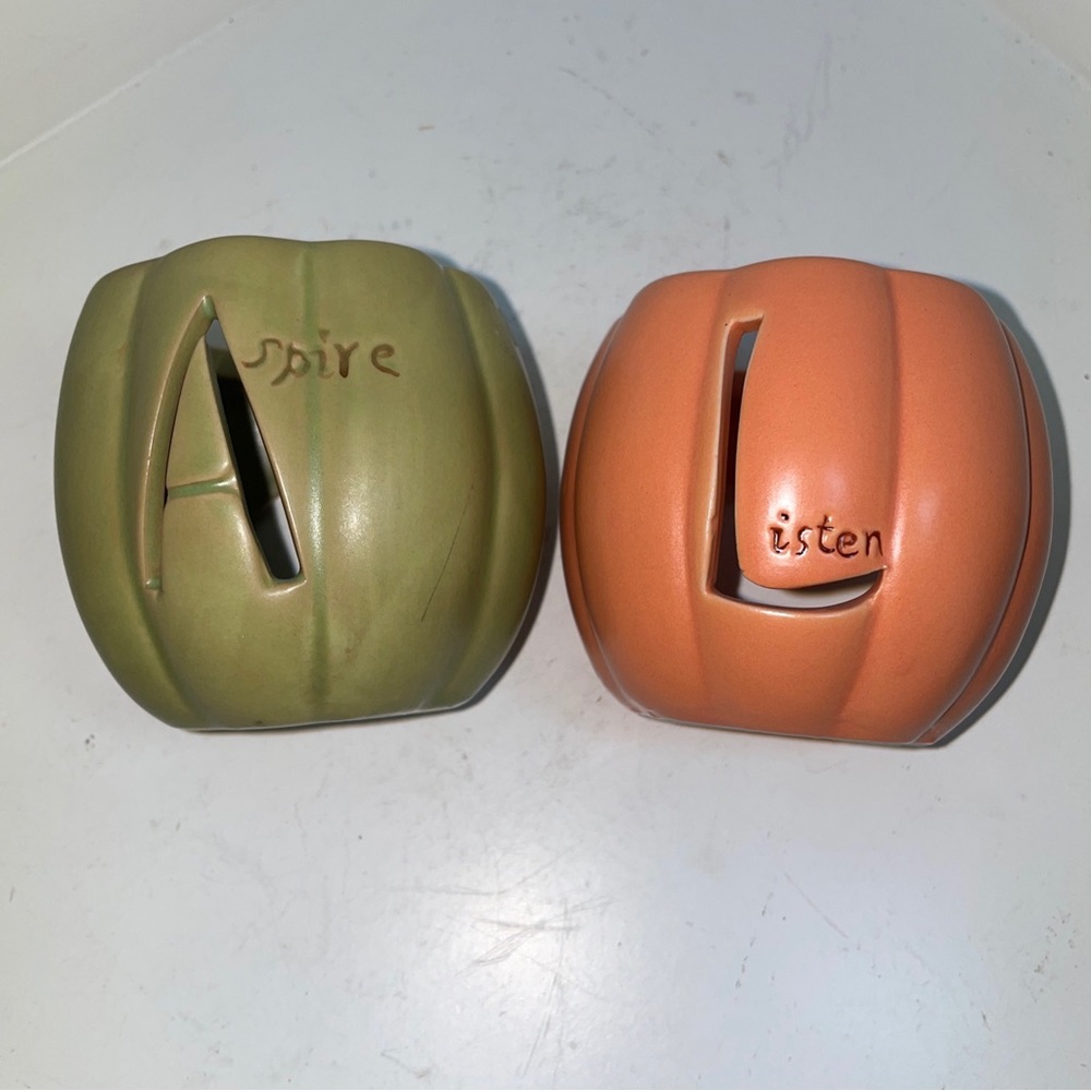 listen & aspire thanksgiving pumpkin shaped ceramic candle holders green orange